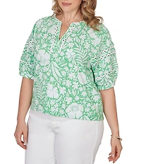Ruby Rd. Plus Size Tropical Floral Split V-Neck Elbow Sleeve Top