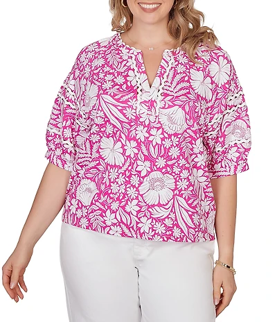 Ruby Rd. Plus Size Tropical Floral Split V-Neck Elbow Sleeve Top