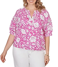 Ruby Rd. Plus Size Tropical Floral Split V-Neck Elbow Sleeve Top