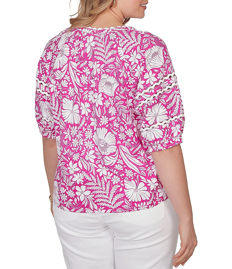 Ruby Rd. Plus Size Tropical Floral Split V-Neck Elbow Sleeve Top