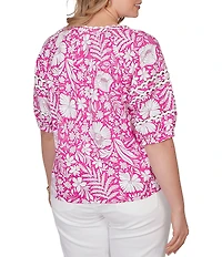Ruby Rd. Plus Size Tropical Floral Split V-Neck Elbow Sleeve Top