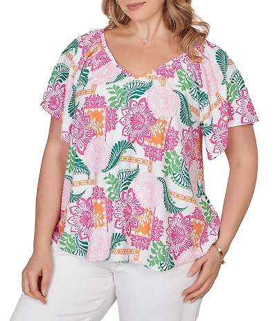 Ruby Rd. Plus Size Tropical Floral V-Neck Short Flutter Sleeve Top