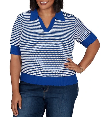 Ruby Rd. Plus Size Two-Tone Collared V-Neck Elbow Length Sleeve Pullover Sweater