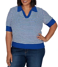 Ruby Rd. Plus Size Two-Tone Collared V-Neck Elbow Length Sleeve Pullover Sweater
