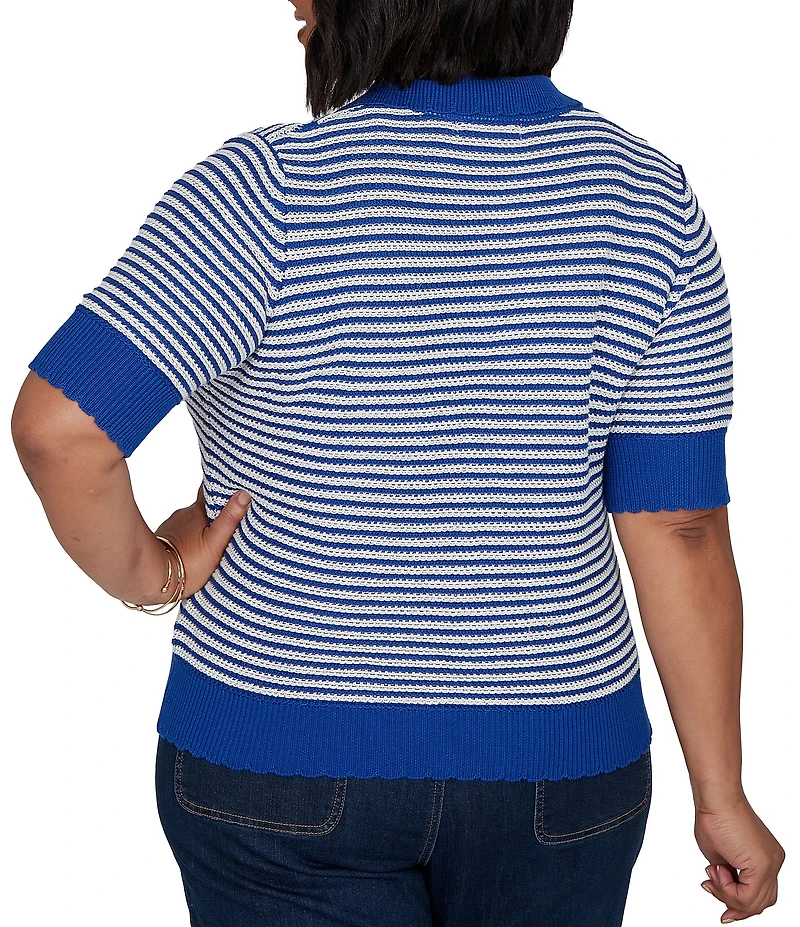 Ruby Rd. Plus Size Two-Tone Collared V-Neck Elbow Length Sleeve Pullover Sweater