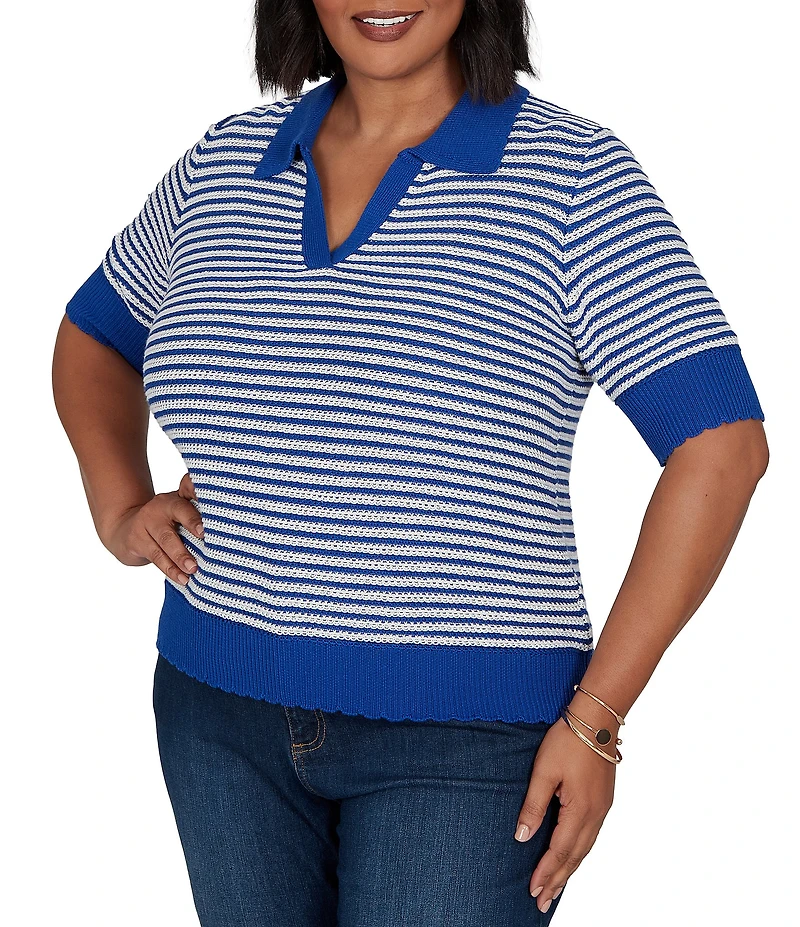 Ruby Rd. Plus Size Two-Tone Collared V-Neck Elbow Length Sleeve Pullover Sweater