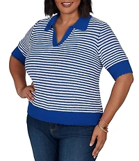 Ruby Rd. Plus Size Two-Tone Collared V-Neck Elbow Length Sleeve Pullover Sweater