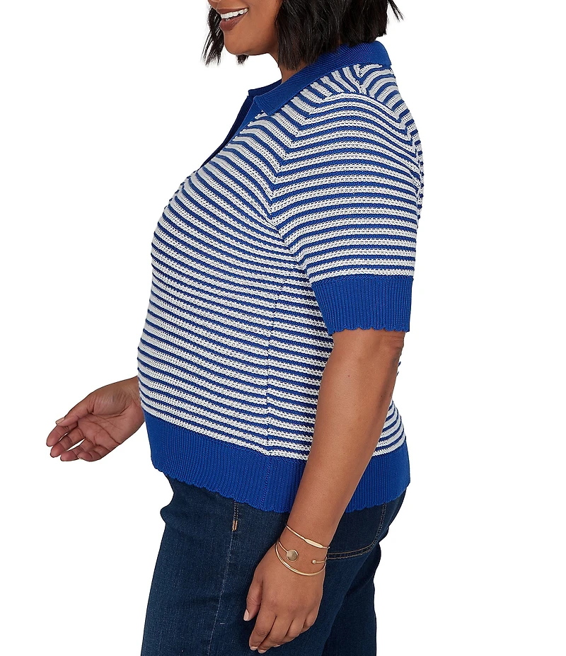 Ruby Rd. Plus Size Two-Tone Collared V-Neck Elbow Length Sleeve Pullover Sweater