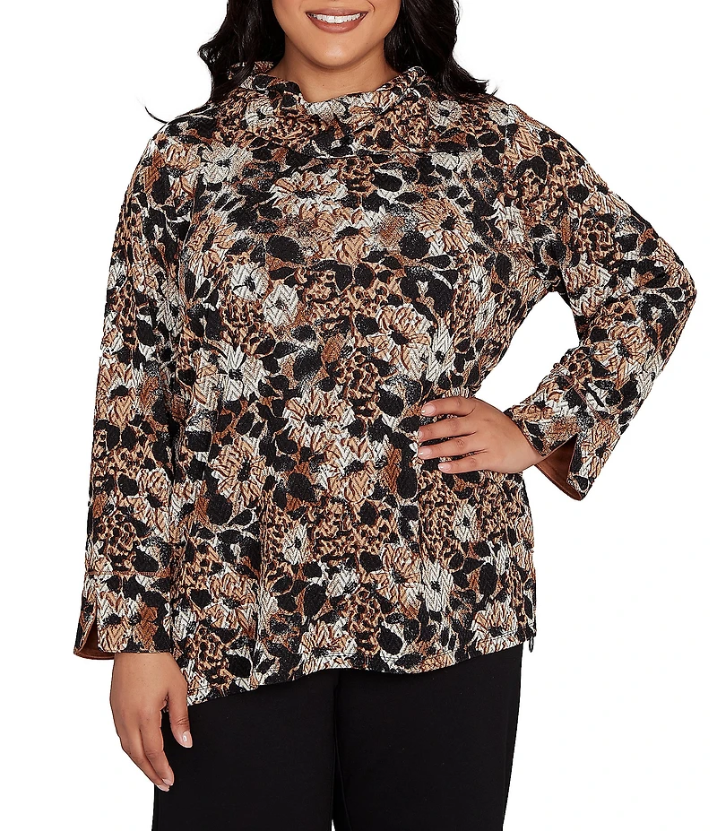 Ruby Rd. Plus Size Floral Spots Print Cowl Neck Side Zipper Knit Top