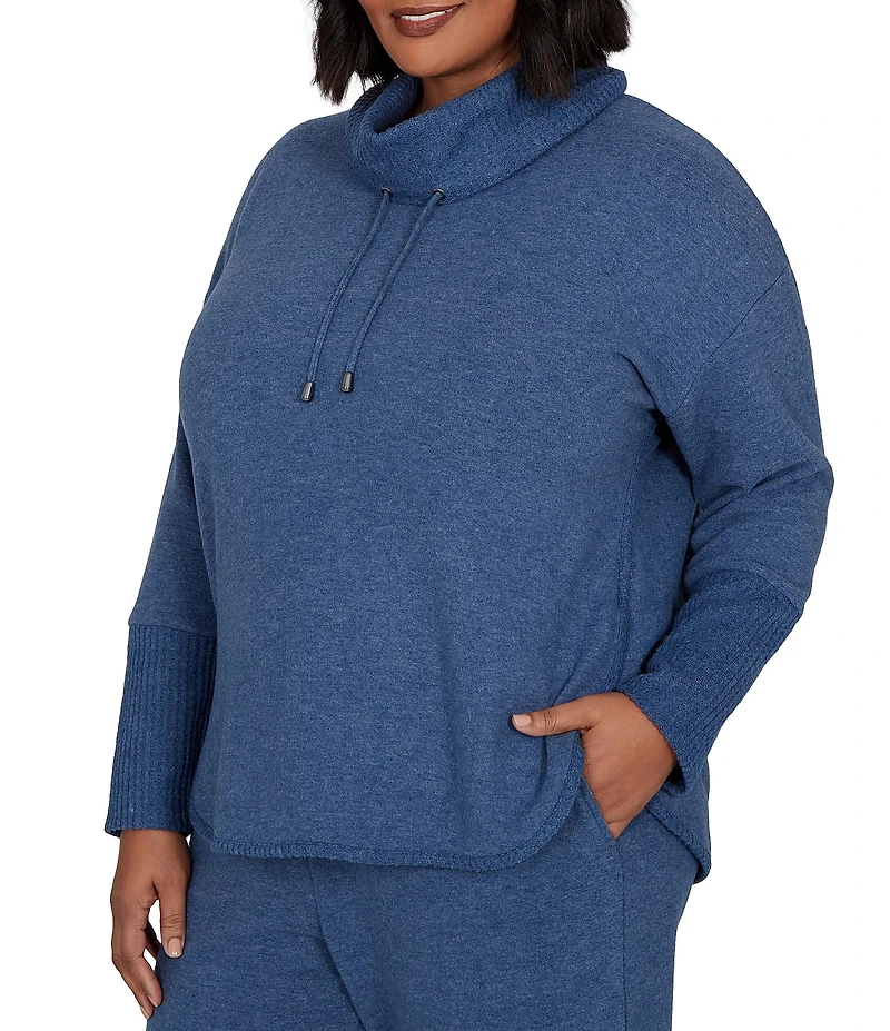 Ruby Rd. Plus Size Waffle Knit Drawstring Draped Cowl Neck Long Sleeve Top