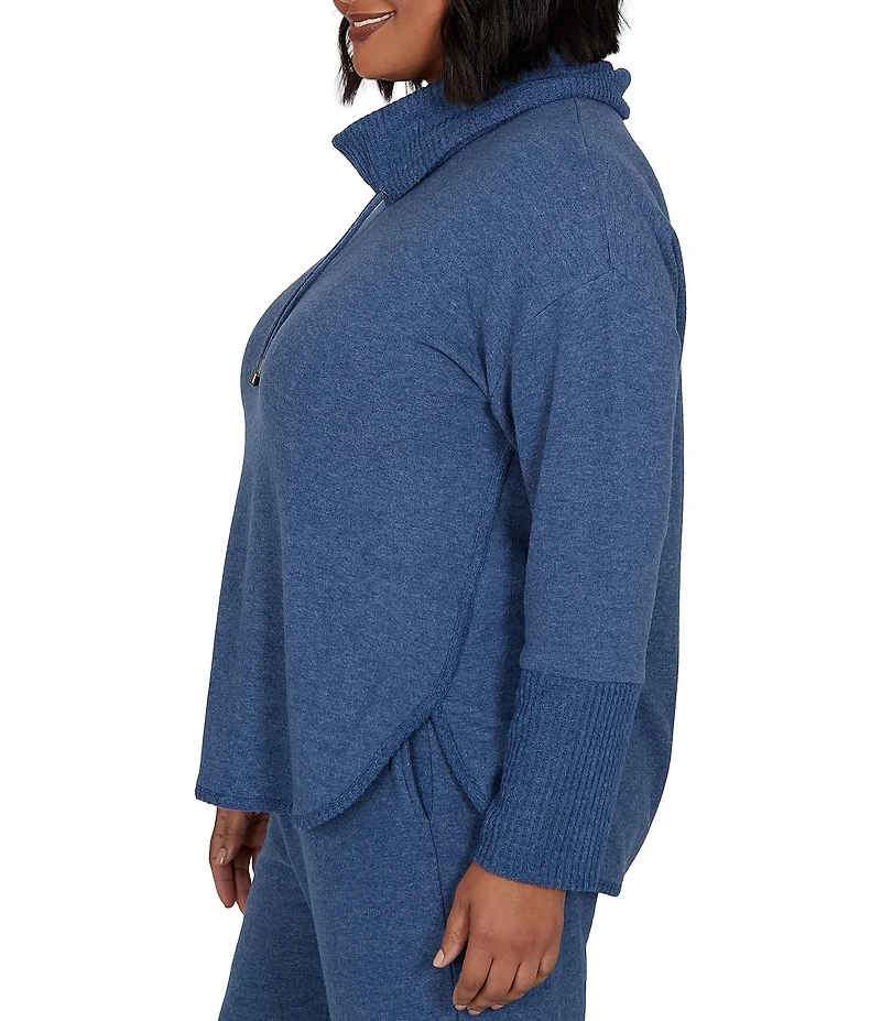 Ruby Rd. Plus Size Waffle Knit Drawstring Draped Cowl Neck Long Sleeve Top