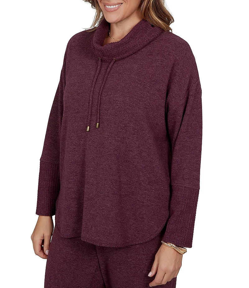 Ruby Rd. Plus Size Waffle Knit Drawstring Draped Cowl Neck Long Sleeve Top