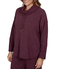 Ruby Rd. Plus Size Waffle Knit Drawstring Draped Cowl Neck Long Sleeve Top