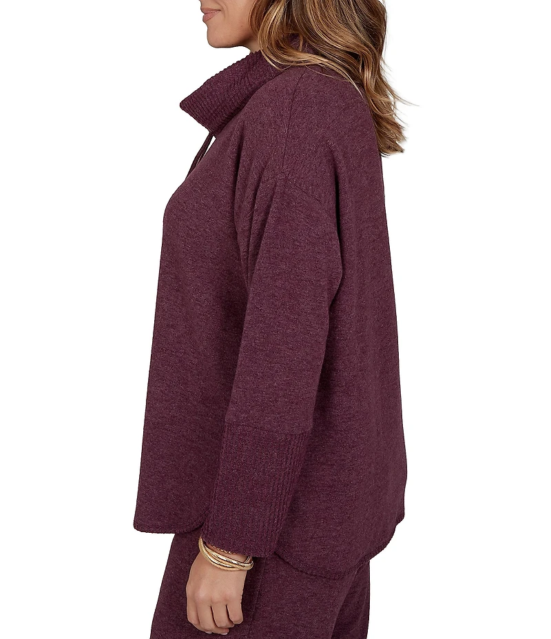 Ruby Rd. Plus Size Waffle Knit Drawstring Draped Cowl Neck Long Sleeve Top