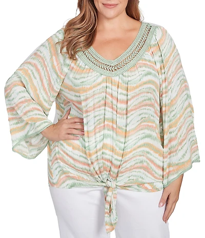 Ruby Rd. Plus Size Wavy Stripe Metallic Details Lace Embellished Scoop Neck 3/4 Sleeve Tie-Front Top