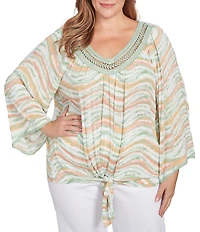 Ruby Rd. Plus Size Wavy Stripe Metallic Details Lace Embellished Scoop Neck 3/4 Sleeve Tie-Front Top