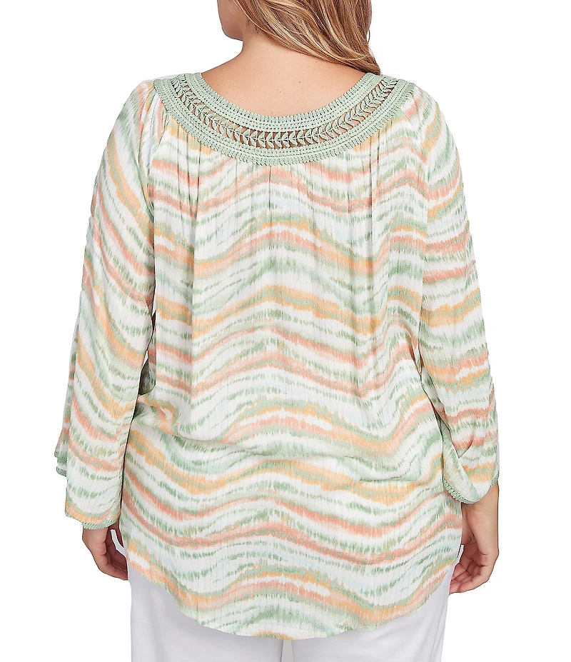 Ruby Rd. Plus Size Wavy Stripe Metallic Details Lace Embellished Scoop Neck 3/4 Sleeve Tie-Front Top