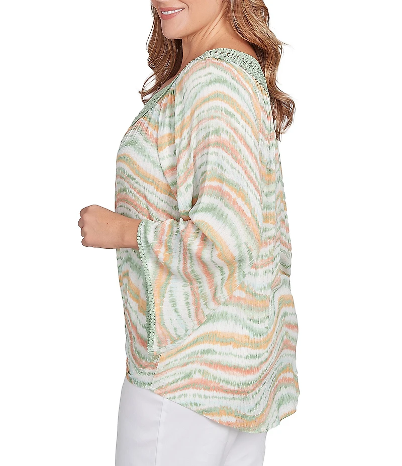 Ruby Rd. Plus Size Wavy Stripe Metallic Details Lace Embellished Scoop Neck 3/4 Sleeve Tie-Front Top