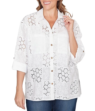 Ruby Rd. Plus Size Woven Eyelet Embroidery Collared V-Neck 3/4 Roll-tab Sleeve Button-Front Shirt