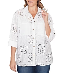 Ruby Rd. Plus Size Woven Eyelet Embroidery Collared V-Neck 3/4 Roll-tab Sleeve Button-Front Shirt