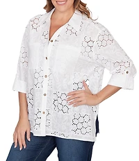 Ruby Rd. Plus Size Woven Eyelet Embroidery Collared V-Neck 3/4 Roll-tab Sleeve Button-Front Shirt