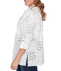 Ruby Rd. Plus Size Woven Eyelet Embroidery Collared V-Neck 3/4 Roll-tab Sleeve Button-Front Shirt