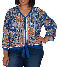 Ruby Rd. Plus Size Woven Floral Vines V-Neck 3/4 Sleeve Top