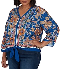 Ruby Rd. Plus Size Woven Floral Vines V-Neck 3/4 Sleeve Top