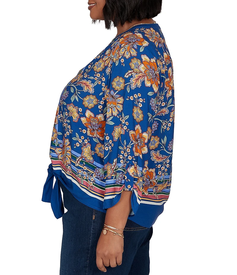 Ruby Rd. Plus Size Woven Floral Vines V-Neck 3/4 Sleeve Top