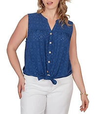 Ruby Rd. Plus Size Woven Split V-Neck Sleeveless Button Tie-Front Eyelet Top
