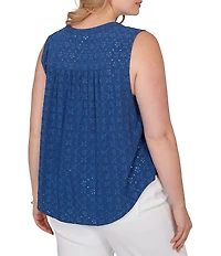 Ruby Rd. Plus Size Woven Split V-Neck Sleeveless Button Tie-Front Eyelet Top