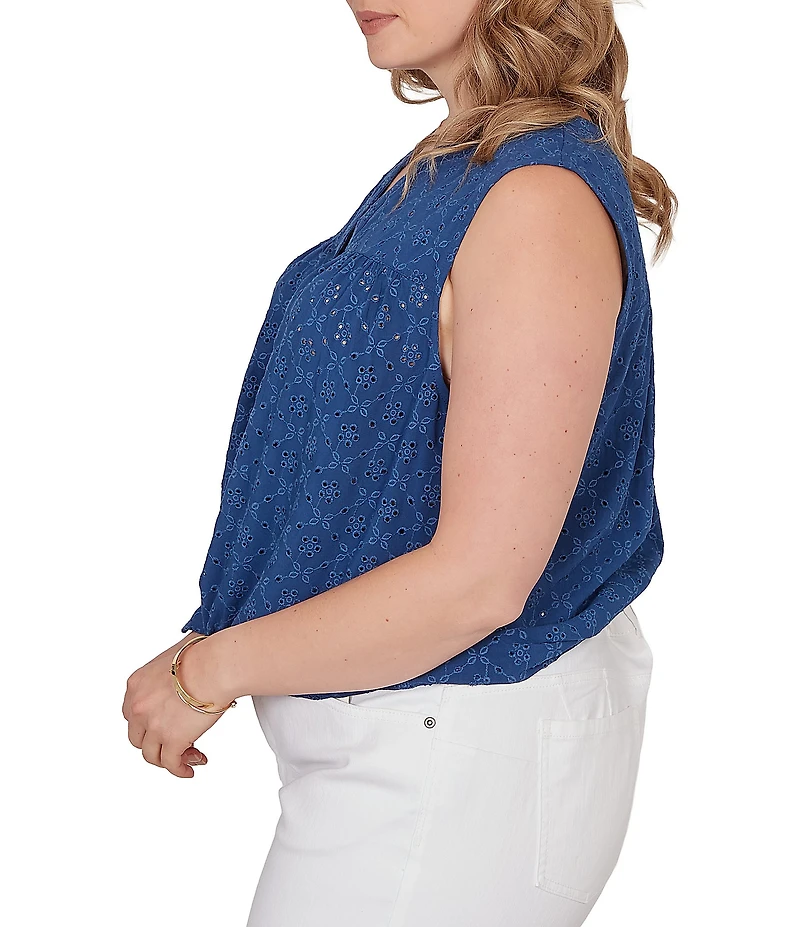 Ruby Rd. Plus Size Woven Split V-Neck Sleeveless Button Tie-Front Eyelet Top