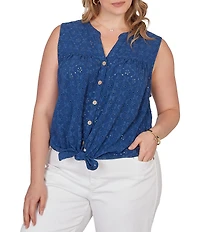 Ruby Rd. Plus Size Woven Split V-Neck Sleeveless Button Tie-Front Eyelet Top
