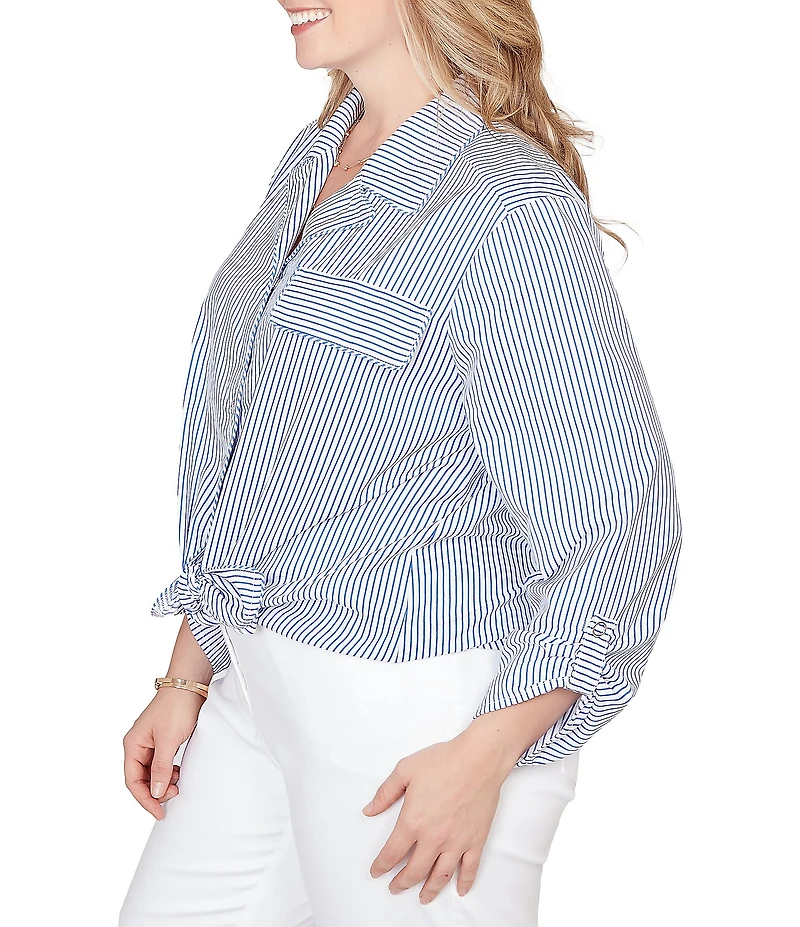 Ruby Rd. Plus Size Woven Stripe Notch Lapel Collar Long Roll-Tab Sleeve Tie-Front Shirt