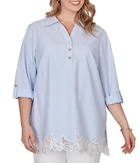 Ruby Rd. Plus Size Woven Yarn-Dyed Stripe Johnny Collar 3/4 Roll-Tab Sleeve Embroidered Hem Blouse