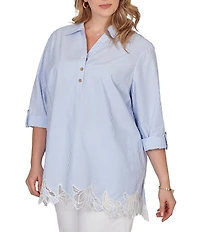Ruby Rd. Plus Size Woven Yarn-Dyed Stripe Johnny Collar 3/4 Roll-Tab Sleeve Embroidered Hem Blouse