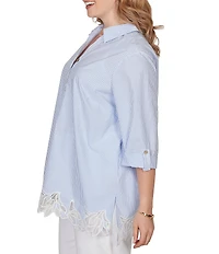Ruby Rd. Plus Size Woven Yarn-Dyed Stripe Johnny Collar 3/4 Roll-Tab Sleeve Embroidered Hem Blouse