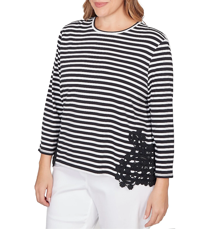 Ruby Rd. Plus Size Yarn-Dyed Cotton Jersey Knit Stripe Lace Applique Top