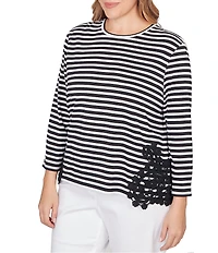 Ruby Rd. Plus Size Yarn-Dyed Cotton Jersey Knit Stripe Lace Applique Top