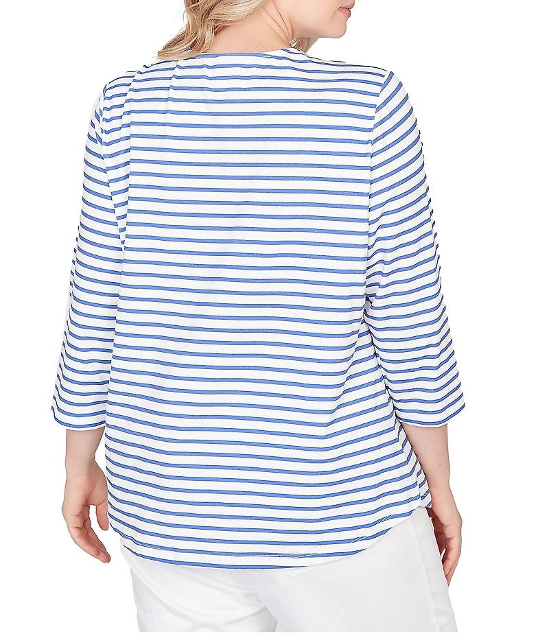 Ruby Rd. Plus Size Yarn-Dyed Cotton Jersey Striped Square Neck 3/4 Sleeve Tee Top