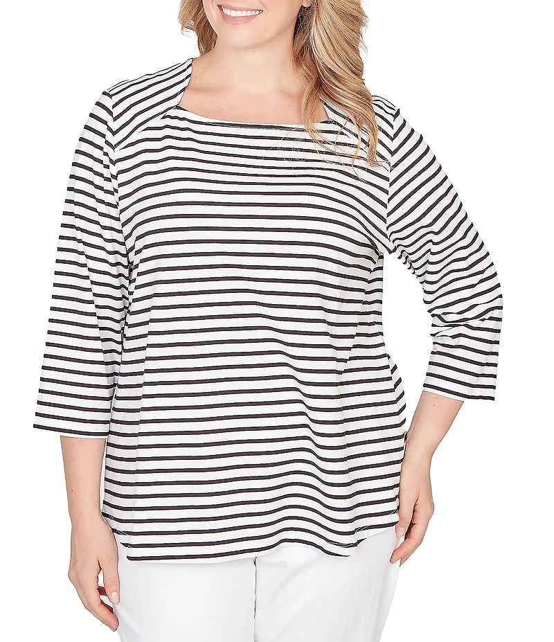Ruby Rd. Plus Size Yarn-Dyed Cotton Jersey Striped Square Neck 3/4 Sleeve Tee Top
