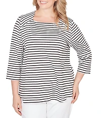 Ruby Rd. Plus Size Yarn-Dyed Cotton Jersey Striped Square Neck 3/4 Sleeve Tee Top