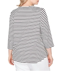 Ruby Rd. Plus Size Yarn-Dyed Cotton Jersey Striped Square Neck 3/4 Sleeve Tee Top