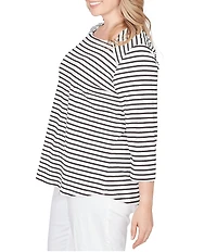 Ruby Rd. Plus Size Yarn-Dyed Cotton Jersey Striped Square Neck 3/4 Sleeve Tee Top