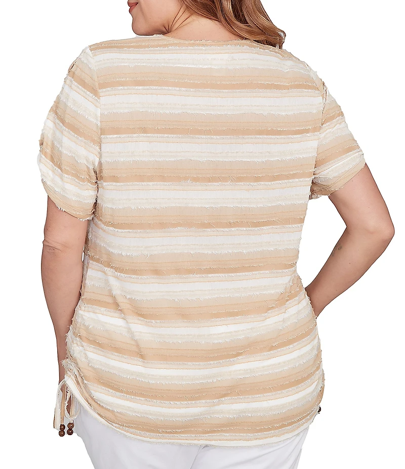 Ruby Rd. Plus Size Yarn-Dyed Knit Stripe Scoop Neck Short Sleeve Side Ties Top