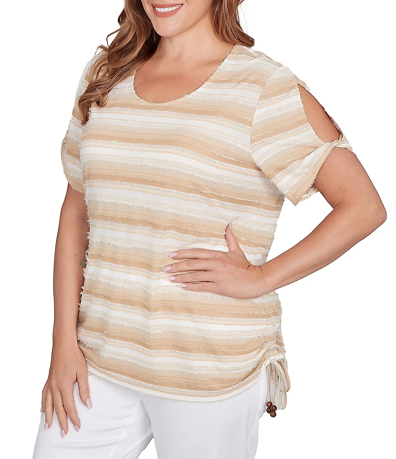 Ruby Rd. Plus Size Yarn-Dyed Knit Stripe Scoop Neck Short Sleeve Side Ties Top