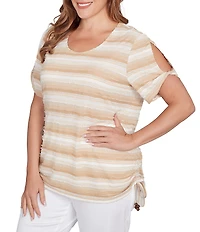 Ruby Rd. Plus Size Yarn-Dyed Knit Stripe Scoop Neck Short Sleeve Side Ties Top