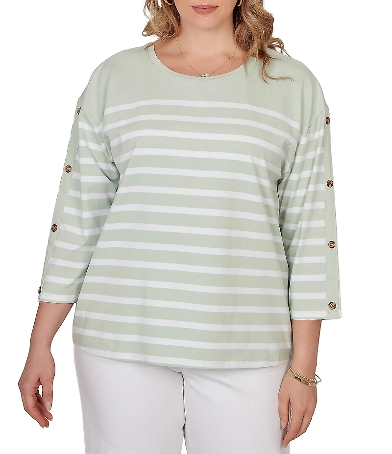Ruby Rd. Plus Size Yarn-Dyed Stripe Crew Neck 3/4 Button Sleeve Knit Top