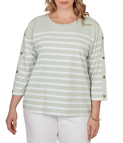 Ruby Rd. Plus Size Yarn-Dyed Stripe Crew Neck 3/4 Button Sleeve Knit Top