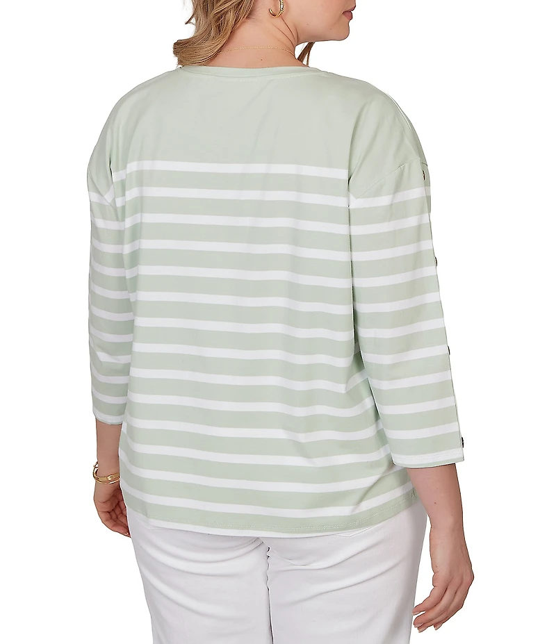 Ruby Rd. Plus Size Yarn-Dyed Stripe Crew Neck 3/4 Button Sleeve Knit Top